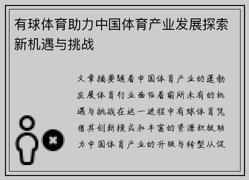 有球体育助力中国体育产业发展探索新机遇与挑战
