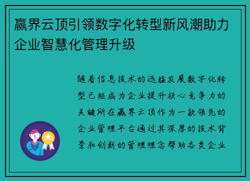 赢界云顶引领数字化转型新风潮助力企业智慧化管理升级