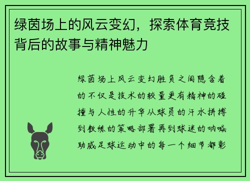 绿茵场上的风云变幻，探索体育竞技背后的故事与精神魅力